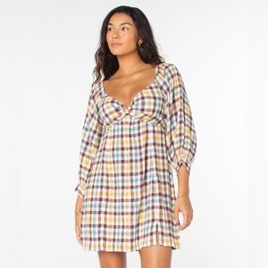 Roxy Moonlight Shores Plaid Dress Brown Cotton Crepe Dobby NWT Sz S